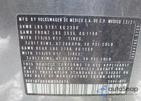 2022 Volkswagen Tiguan 2.0T S из США, поврежденный, VIN 3VV1B7AX6NM050474